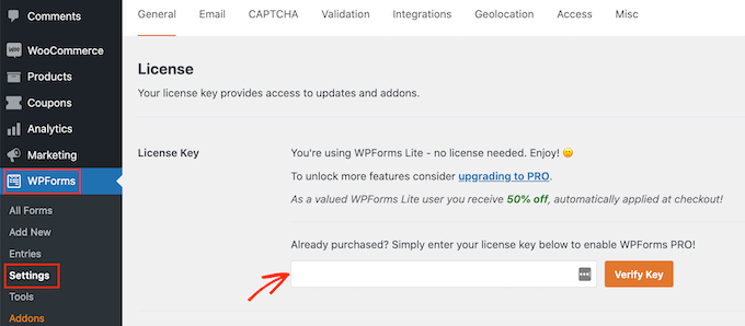 Inserimento della chiave di licenza di WPForms