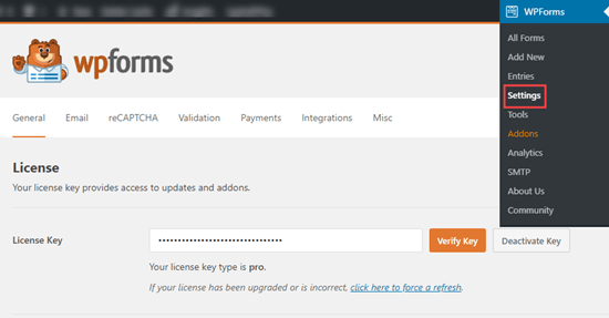 Enter your license key for WPForms Enter your license key for WPForms