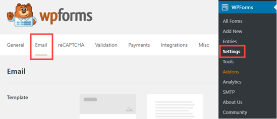 The email settings in WPForms The email settings in WPForms