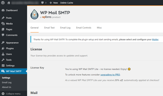 The WP Mail SMTP settings page in your WordPress dashboard The WP Mail SMTP settings page in your WordPress dashboard