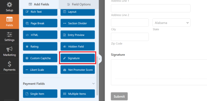 Adding the Signature field to the contract agreement form Add a signature field