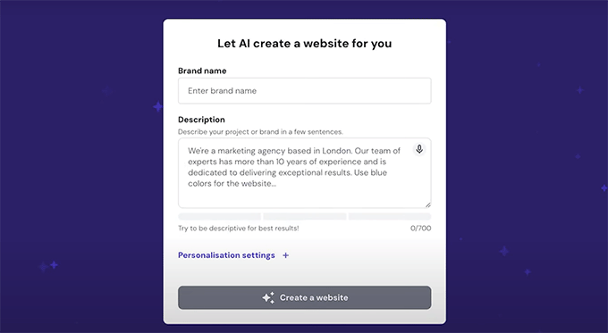 AI form to build a website in Hostinger