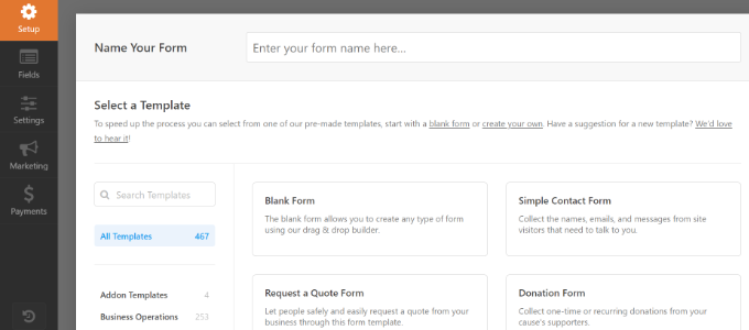 Selecting the Blank Form template Choose a form template