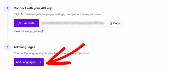 Click Add Languages button in Universally dashboard