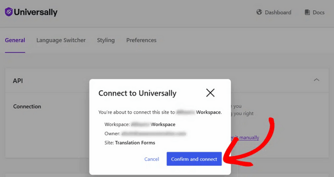 Click the Confirm and connect button in Universally setup