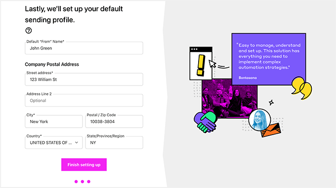 Adăugați numele și e-mailul de trimitere Drip