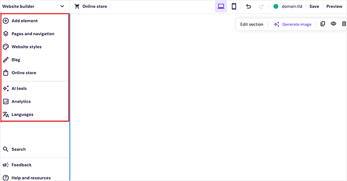 Hostinger website builder editor