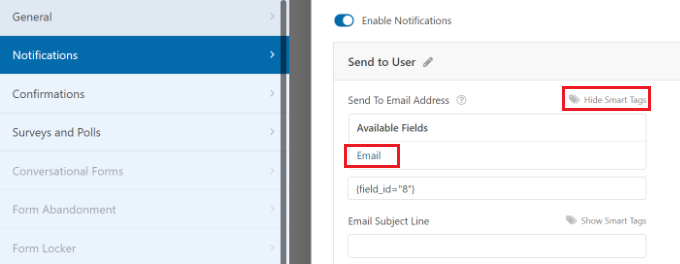Add email field Select the email smart tag