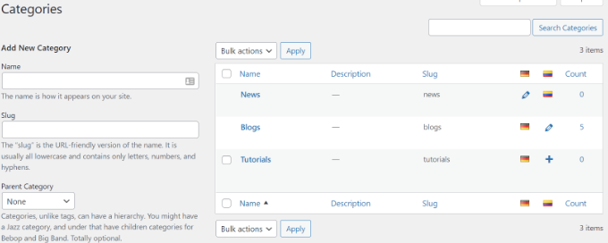 Translating categories Translate categories