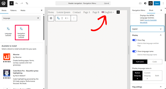 WPML language switcher block WPML language switcher block