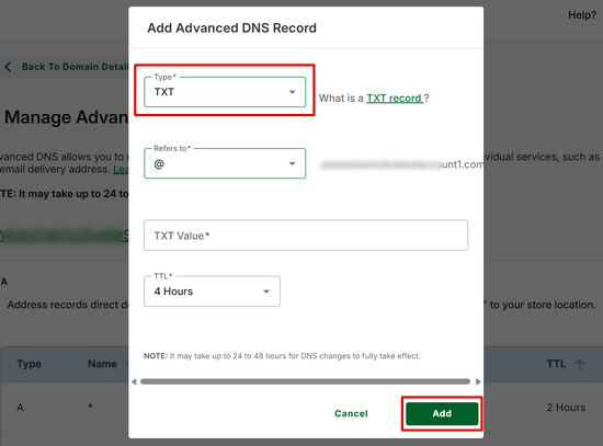 Add TXT record in Network Solutions
