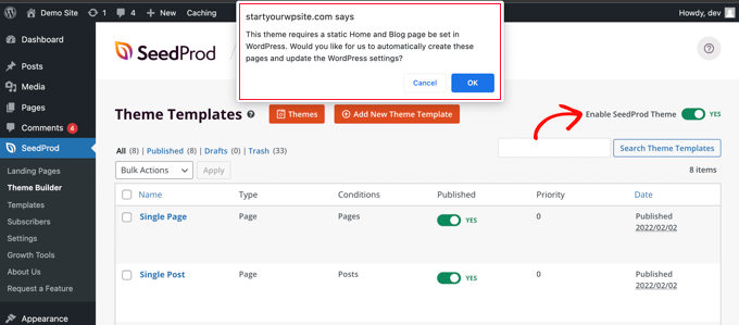 blogpagethemebuilderenableseedprodtheme Enable the SeedProd Theme