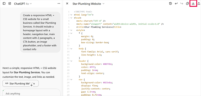 ChatGPT generated website code