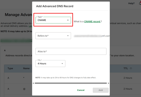 CNAME dropdown menu on Network Solutions