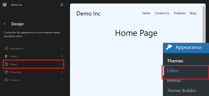 Choose the Pages option from the left column Choose the Pages option from the left column