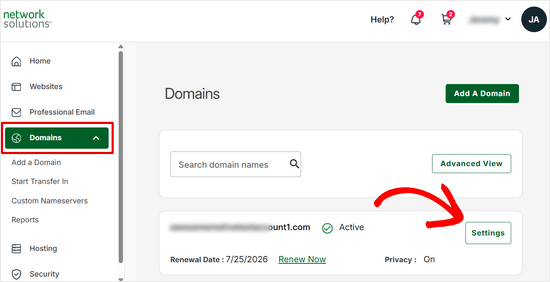 Go to Domain Settings in Network Solutions