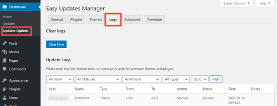 The logs tab of the Easy Updates Manager plugin The logs tab of the Easy Updates Manager plugin