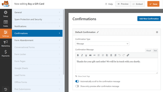Ställ in ett bekräftelsemeddelande för presentkort
