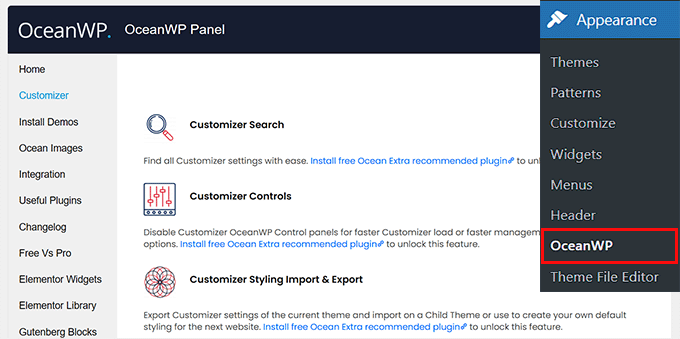 OceanWP control panel OceanWP control panel
