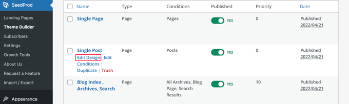 Click the 'Edit Design' Link Under the Single Post Template Click the 'Edit Design' Link Under the Single Post Template