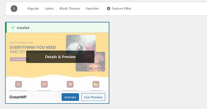 Success message on theme installation Success message on theme installation