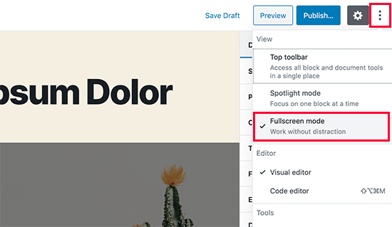 Turn off fullscreen mode in WordPress Turn off fullscreen mode in WordPress