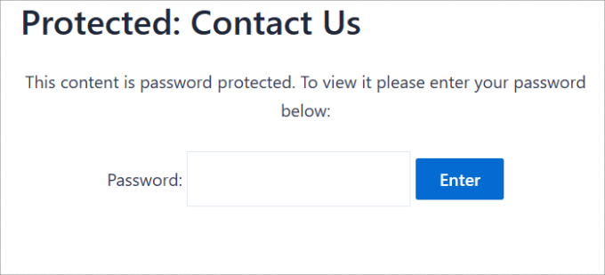 The contact page now shows 'Protected: Contact Us' as the title and requires a password Protected contact us page