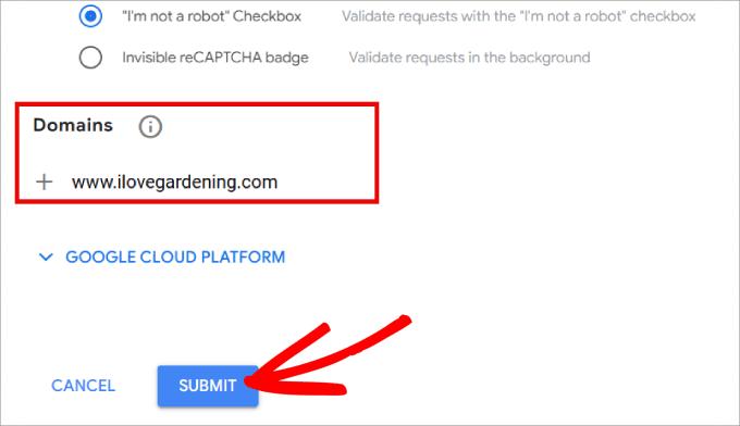 Filling in your site's details for Google reCAPTCHA add domain