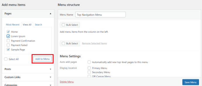 Adding items to the navigation menu Add pages to your menu