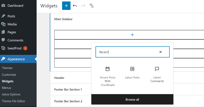 The Recent Posts With Thumbnails widget in the list of available widgets Add recent posts with thumbnails widget block