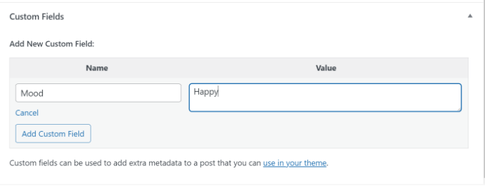 Adding custom field name and value Adding custom field name and value