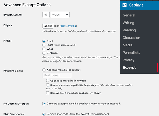 Advanced excerpt settings Advanced excerpt settings