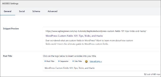 All in One SEO Pack Meta Box AIOSEO SEO title and description