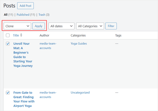 Apăsați butonul Aplicare pentru a clona mai multe postări Apăsați butonul Aplicare pentru a clona mai multe postări