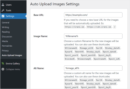 Auto upload image settings Auto Upload Images plugin settings