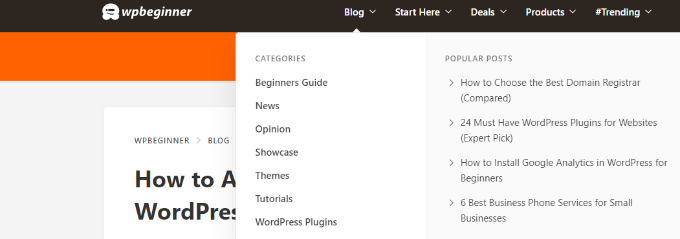 The WPBeginner menu showing the categories drop-down Category menu on WPBeginner