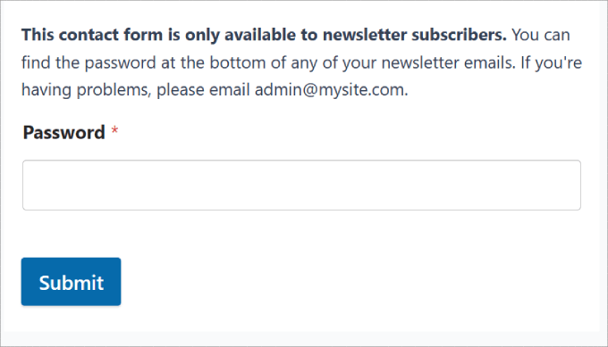 How your contact form looks to users before they enter the password contact form password