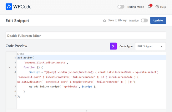 WPCode automatically adds the code to disable the fullscreen editor WPCode automatically adds the code to disable the fullscreen editor
