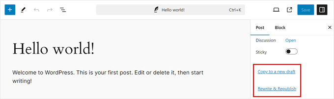 Duplicarea unui post în editorul de blocuri Duplicarea unui post în editorul de blocuri