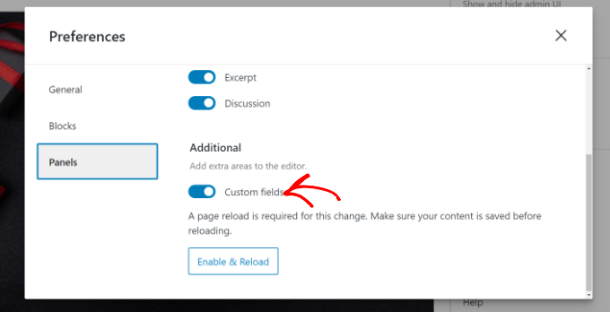Enable and display custom fields panel Enable custom fields option