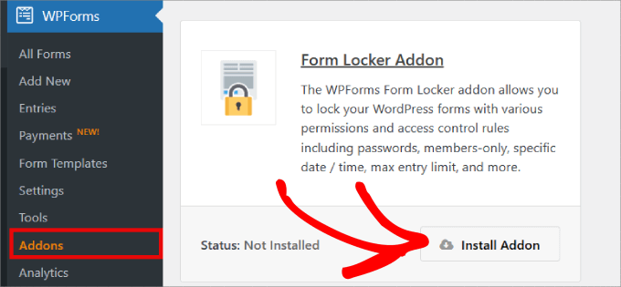 Installing the Form Locker addon for WPForms form locker addon