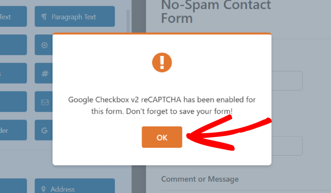 The message saying that reCAPTCHA has been enabled google checkbox recaptcha v2