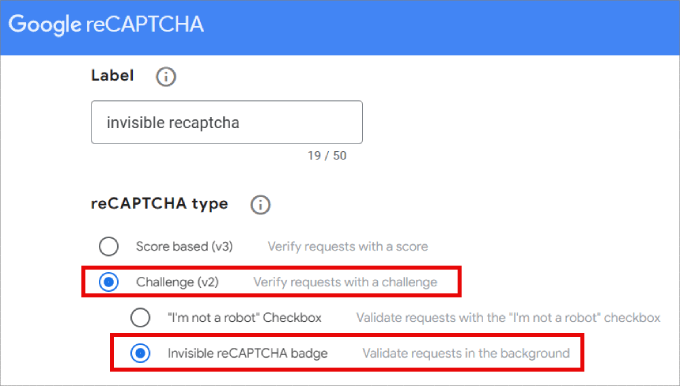 Selecting the invisible reCAPTCHA option in the Google admin panel invisible recaptcha
