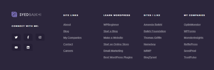 WordPress Footer Menu Example - Syed Balkhi Navigational menu preview