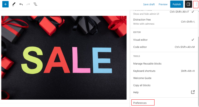 Post editor options Open preferences in content editor