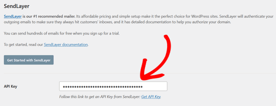 Paste the SendLayer API key into WP Mail SMTP Paste the SendLayer API key into WP Mail SMTP