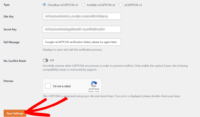 Entering your site key and secret key into WPForms save settings