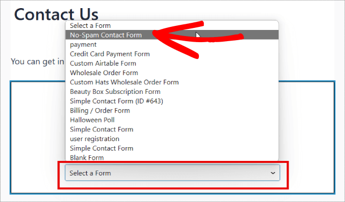 Selecting the correct form from the dropdown list select a form