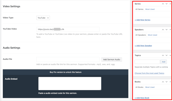 Additional settings for series, speakers, topics, and books