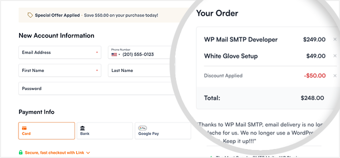 WP Mail SMTP checkout page order summary and payment details